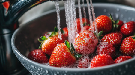 A close-up of fresh strawberries and berries being washed in a gray bowl above the kitchen sink, symbolizing healthy living and the preparation of sweet, refreshing summer snacks.の素材