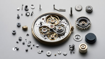 A dismantled watch with its inner workings exposed, symbolizing the complex nature of time. The image captures the essence of time passing, the flow of life, and the future's uncertaintyの素材