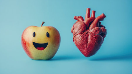 A smiling apple face next to a detailed human heart organ on a blue studio backdrop, representing the positive impact of healthy eating on heart wellness.の素材