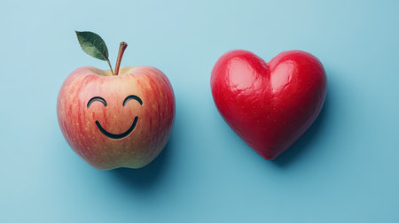 A happy-faced apple beside a realistic human heart on a blue background, highlighting the link between good nutrition and heart health in a playful yet informative way.の素材