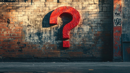 A striking red question mark "When?" written on a wall, raising questions about timing and possibilities. The bold statement stands out against the plain background,の素材