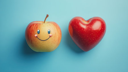 A happy-faced apple beside a realistic human heart on a blue background, highlighting the link between good nutrition and heart health in a playful yet informative way.の素材