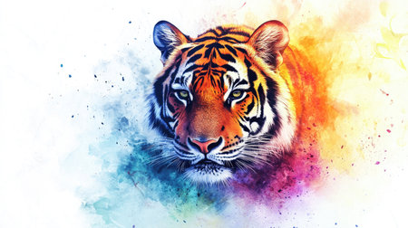 A vibrant and colorful watercolor tiger illustration, bursting with energy and life. Perfect for art prints, wallpaper, or nature-themed projects with an African safari touch.の素材