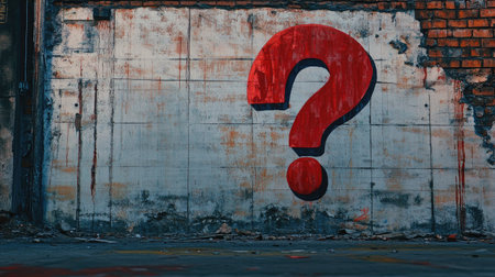 A red question mark "When?" painted on a blank wall, symbolizing uncertainty and the search for answers. The bold text and empty space evoke a sense of urgency and inquiryの素材