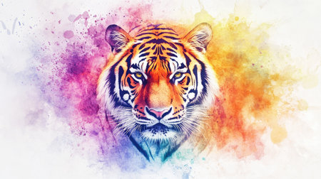 A vibrant and colorful watercolor tiger illustration, bursting with energy and life. Perfect for art prints, wallpaper, or nature-themed projects with an African safari touch.の素材