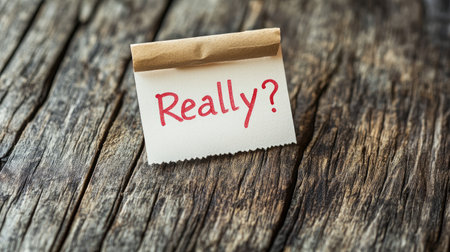 A small paper note with the word "Really?" written in red, placed on a wooden table. The image conveys surprise and doubt, ideal for themes of skepticism, inquiry, or unexpected events.の素材
