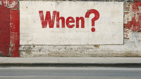 A red question mark "When?" painted on a blank wall, symbolizing uncertainty and the search for answers. The bold text and empty space evoke a sense of urgency and inquiryの素材
