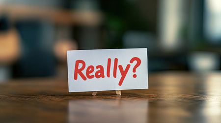 A paper note with a red "Really?" question mark on a table, expressing disbelief or shock. The simple yet impactful design invites curiosity and reflection, suitable for various communication themes.の素材