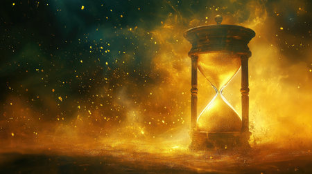 A mystical hourglass illustration, with golden sand trickling down, representing the passage of time. The fantasy style adds a sense of wonder and timelessness to the scene.の素材