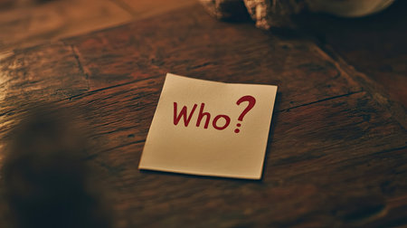 A small paper note with a red question mark "Who?" written on it, placed on a wooden table. The simple, yet thought-provoking design focuses on identity and inquiry.の素材
