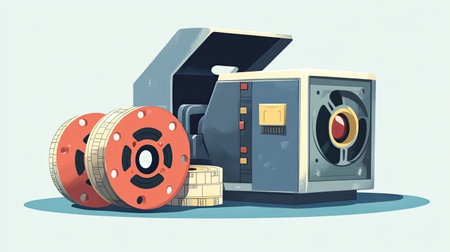 A retro movie cassette camera illustration, complete with film reels and tape, celebrating the golden age of cinema. The vintage style adds charm and nostalgia to any media project.の素材