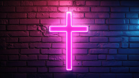 A pink and purple neon cross glowing brightly against a textured brick wall background. The vibrant colors and religious symbolism create a striking contrast, perfect for spiritual or inspirational themes.の素材