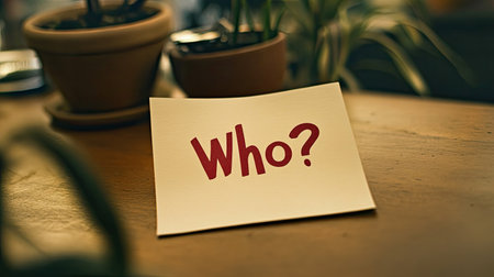 A red "Who?" question mark written on a piece of paper, lying on a table. The minimalist image encourages deep thought about identity and responsibility, ideal for introspective or strategic themes.の素材