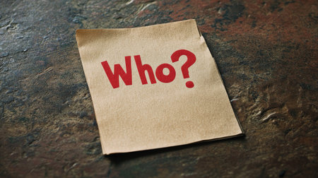 A red "Who?" question mark written on a piece of paper, lying on a table. The minimalist image encourages deep thought about identity and responsibility, ideal for introspective or strategic themes.の素材