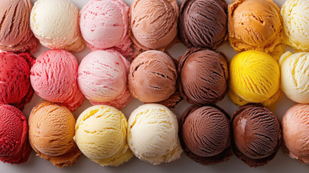 A tempting array of colorful ice cream scoops, including chocolate, vanilla, and strawberry, presented in a neat row. The vibrant colors and creamy texture make it a mouth-watering summer treat.の素材