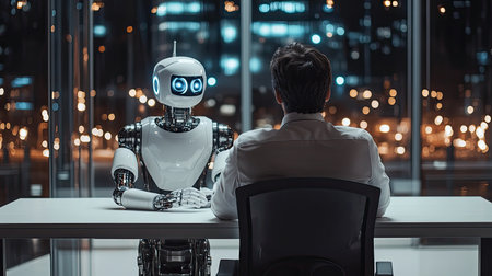 A rearview shot of a businessman and a robot sitting together in a high-tech office, symbolizing the growing influence of artificial intelligence in the workplace and the challenges of human employment.の素材