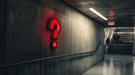 A large red "When?" question mark displayed on a wall, representing the unknown and the importance of timing. The stark design encourages reflection on future decisions or plansの素材
