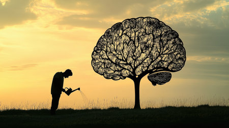 A silhouette of a man watering a tree shaped like a human brain, symbolizing the growth of knowledge, creativity, and intellect. The image emphasizes the importance of nurturing the mind.の素材