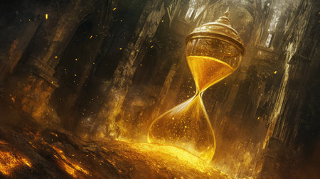A mystical hourglass illustration, with golden sand trickling down, representing the passage of time. The fantasy style adds a sense of wonder and timelessness to the scene.の素材