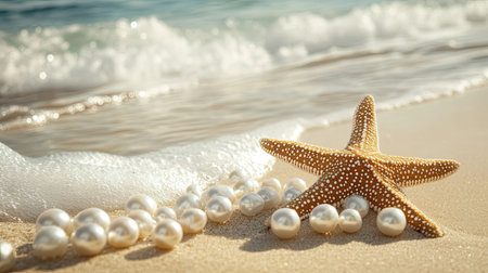 A serene image of a starfish and scattered white pearls lying on sandy beach, with the ocean waves gently washing over them. The scene captures the essence of tropical summer and natural beauty.の素材