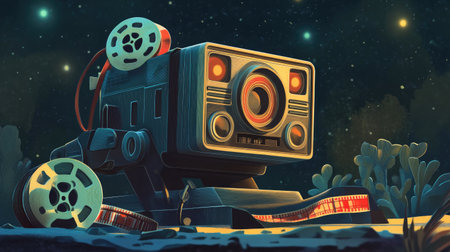 A retro movie cassette camera illustration, complete with film reels and tape, celebrating the golden age of cinema. The vintage style adds charm and nostalgia to any media project.の素材