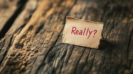 A small paper note with the word "Really?" written in red, placed on a wooden table. The image conveys surprise and doubt, ideal for themes of skepticism, inquiry, or unexpected events.の素材