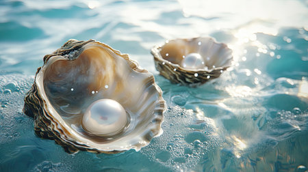 A 3D image of a pearl shell, oyster shell with a white pearl, and a conch shell floating in the open sea, highlighting the delicate beauty of underwater treasures.の素材