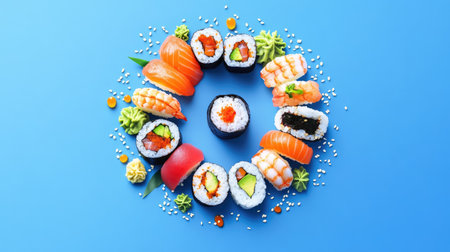 A circular arrangement of diverse sushi, with vibrant colors and fresh ingredients, perfect for restaurant promotions, food blogs, or menu designs.の素材