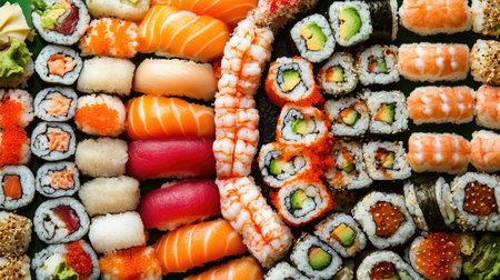 A colorful assortment of sushi is displayed in a circular pattern, each piece a work of art, ideal for promoting Japanese food or cooking blogsの素材