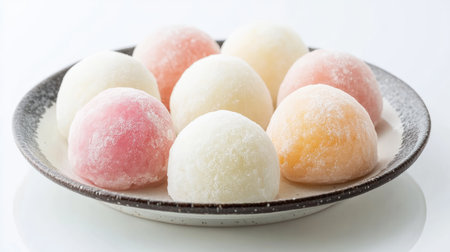 A showcase of Japanese mochi ice cream, each piece carefully placed on a plate and set against a clean white background, perfect for dessert-themed visuals.の素材