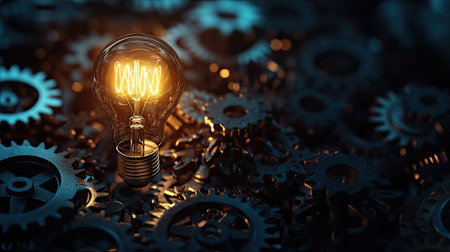 Illuminated light bulb amidst rotating cogwheels on a dark background, representing the power of ideas and mechanical settings. Suitable for intelligence and engineering themes.の素材