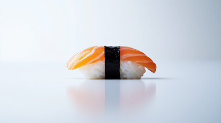 A piece of sushi nigiri levitates against a white background, emphasizing the precision and artistry of Japanese cuisine in a minimalist composition.の素材