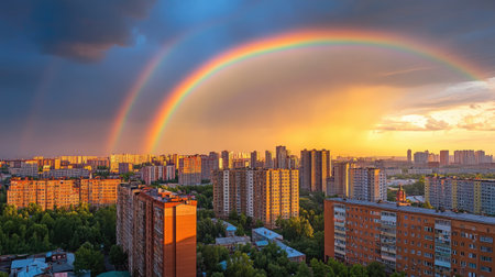 A picturesque rainbow graces the skyline of Novosibirsk, Russia, with the city's buildings beneath a bright sky, creating a serene and hopeful scene.の素材