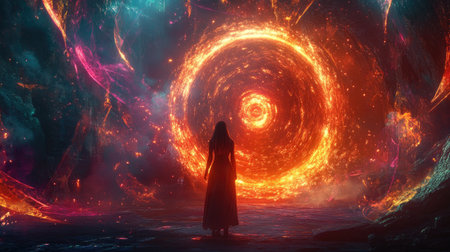 A powerful image of a woman facing glowing portals, with vibrant energy radiating from them, evoking themes of exploration and otherworldly journeys.の素材