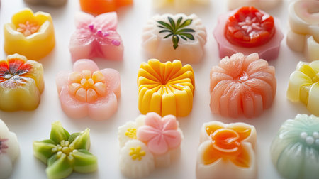 A close-up of intricate Japanese wagashi sweets, highlighting their vibrant colors and delicate craftsmanship, set against a white background.の素材