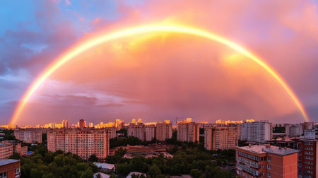 A scenic rainbow spans the sky above the buildings of Novosibirsk, Russia, capturing a moment of natural beauty against the backdrop of the city's architecture.の素材