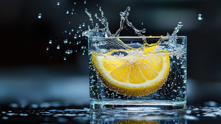 A vibrant yellow lemon slice splashing into a glass of water, capturing the moment of impact with droplets flying. The refreshing scene is perfect for promoting summer beverages or healthy drinksの素材