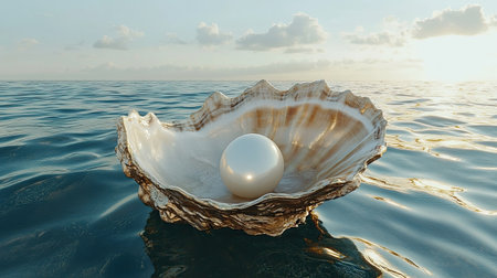 A pristine 3D model of a closed oyster shell holding a white pearl, surrounded by a conch and scallop, isolated in the vast open sea, showcasing marine elegance.の素材