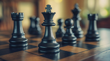 Close-up of black chess pieces neatly arranged on a vintage wooden chessboard, ready for a strategic game. The classic design symbolizes intellect, competition, and tactical thinkingの素材