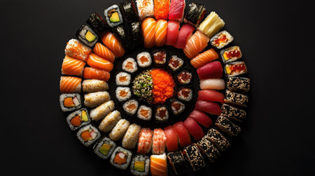 A selection of sushi rolls and nigiri, arranged in a circle, creating a visually appealing display for Japanese food lovers and culinary photography.の素材