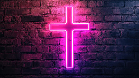 Neon pink and purple Christian cross glowing on a rugged brick wall background. The contrast between the modern neon light and the rustic bricks emphasizes the theme of faith and modernity.の素材