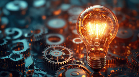 Light bulb glowing brightly, surrounded by gears, depicting the synergy between creativity and engineering. Ideal for backgrounds focusing on problem-solving and innovation.の素材