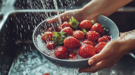 A woman hands holding a bowl of strawberries and berries under running water, capturing the moment of washing fresh, nutritious fruits in the kitchen sink.の素材