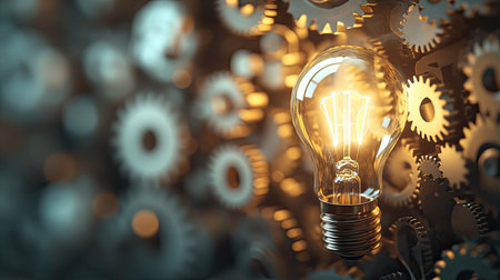Glowing light bulb surrounded by cogwheel gears, symbolizing innovation and creativity. Perfect for concepts of engineering, intelligence, and problem-solving with ample copy space.の素材
