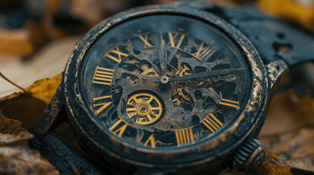 An old, broken watch with its hands stopped, emphasizing the concept of time slipping away. The image evokes feelings of past memories, the speed of life, and the uncertainty of the future.99a7-e37bc54301dfの素材