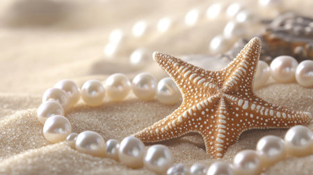Starfish and white pearls lying on soft beach sand, with the sea gently approaching. The image evokes the tranquility of a tropical paradise, perfect for summer or ocean-themed designs.の素材