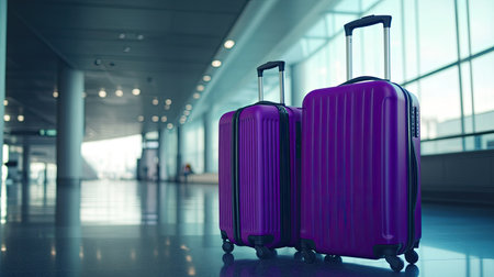Two vibrant purple suitcases standing together in an empty airport hall, symbolizing travel and adventure. The modern design and bold color make them stand out against the clean, spacious background.の素材