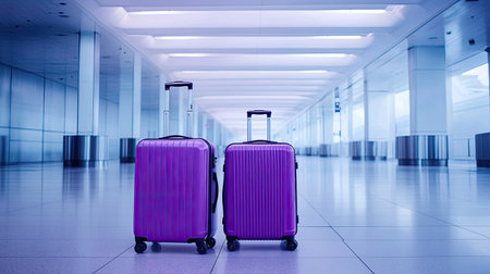 Two vibrant purple suitcases standing together in an empty airport hall, symbolizing travel and adventure. The modern design and bold color make them stand out against the clean, spacious background.の素材