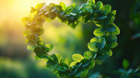 Green leaves arranged in the shape of a heart, set against a blurred nature background. This image symbolizes love for the environment, perfect for ecological and sustainability themes.の素材