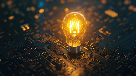 Yellow lightbulb shining on a dark circuit board, symbolizing innovation and scientific inspiration. Ideal for themes of electricity, invention, and creative solutions.の素材
